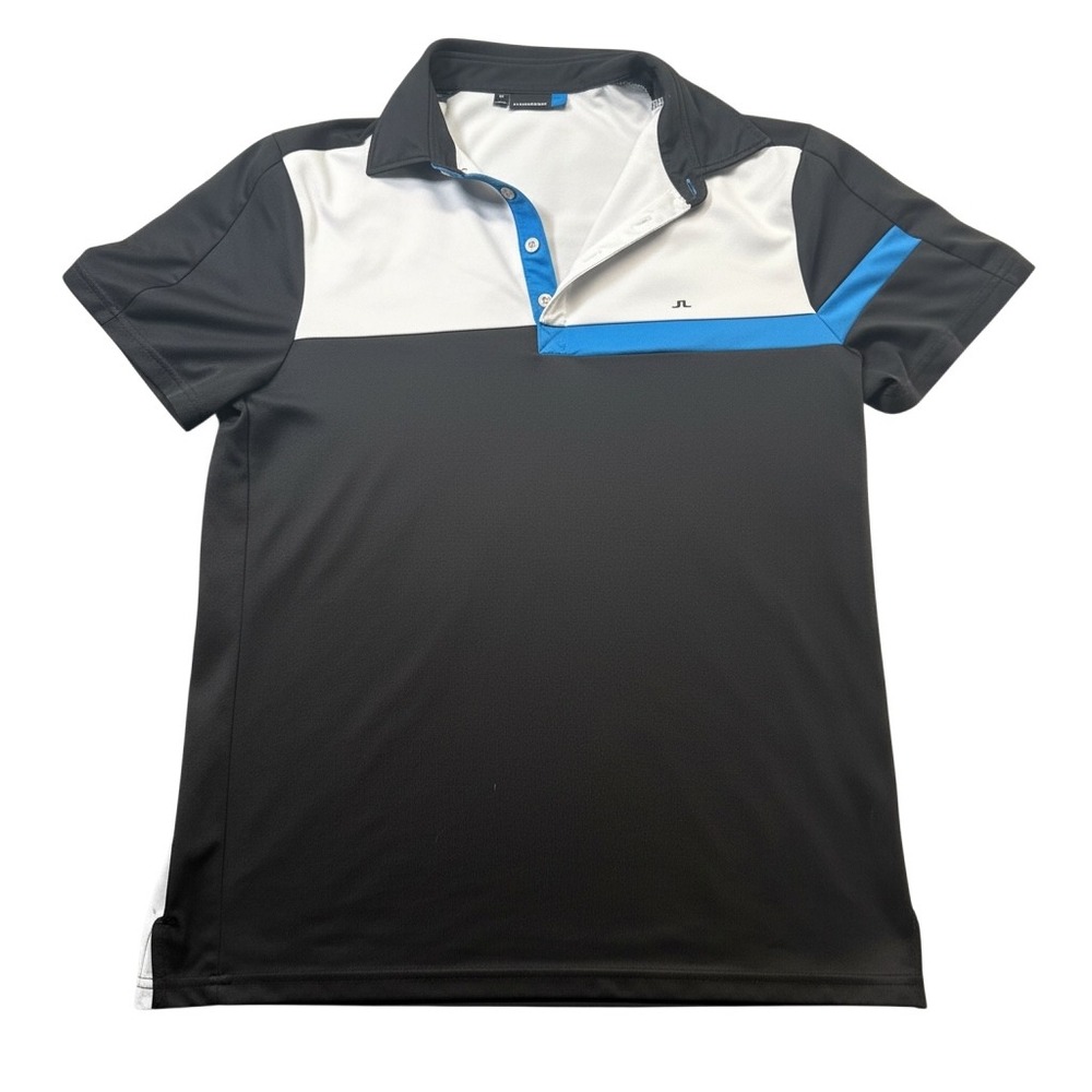 J.Lindeberg Polo Shirt Mens Medium Black White Blue Colorblock Fieldsensor Golf